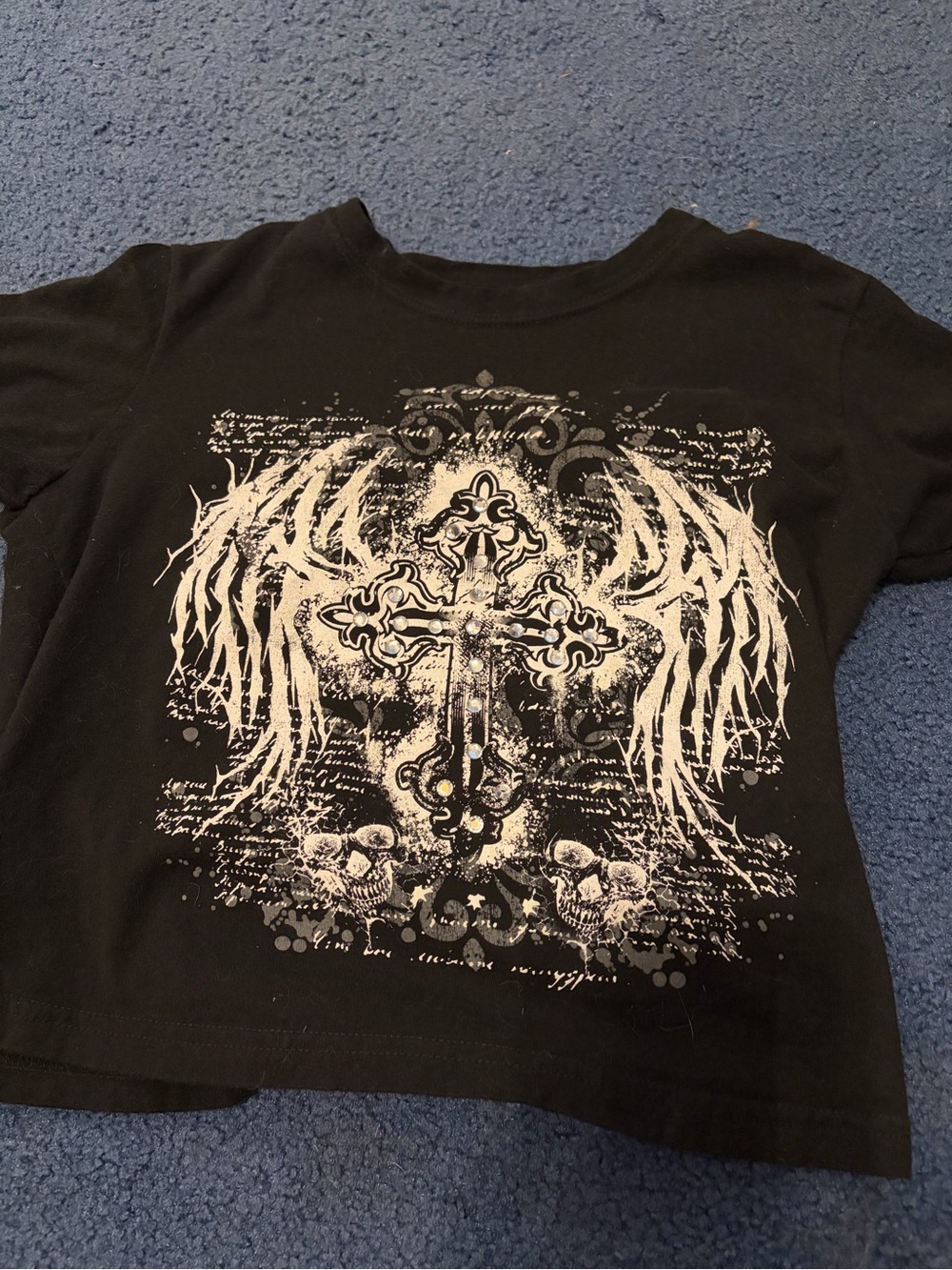 Hot Topic Black Graphic Cross Tee with White Wing Design
